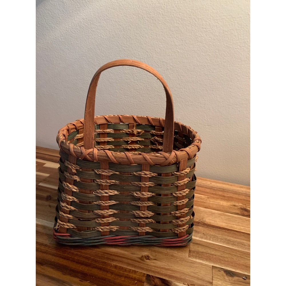 Handmade Rustic Basket with Handle and Wooden Leaf Accents Rustic Decor Woven - Picture 2 of 6